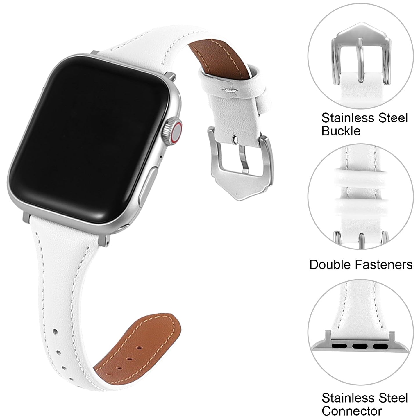 Slim Soft Genuine Leather Bands Compatible with Apple Watch Band 38mm 40mm 41mm 42mm for Women, Dressy Durable Leather Replacement Strap for iWatch SE1/2/3 11 10 9 8 7 6 5 4 3 2 1