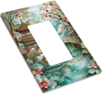 Asian Palace Traditional Bridge Cherry Blossoms Single Decora Outlet Wall Plate 1 Gang Rocker Decorative Switchplate Faceplate GFCI Light Switch Covers for Home Living Decor