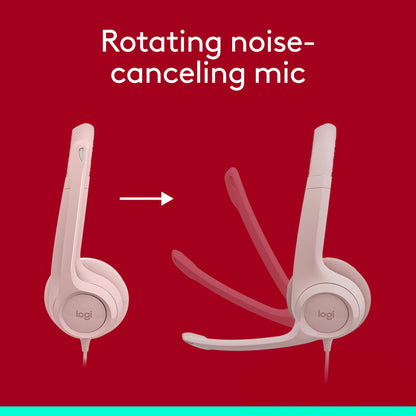 Logitech H390 Wired Headset for PC/Laptop, Stereo Headphones with Noise Cancelling Microphone, USB-A, in-Line Controls, Works with Chromebook - Rose