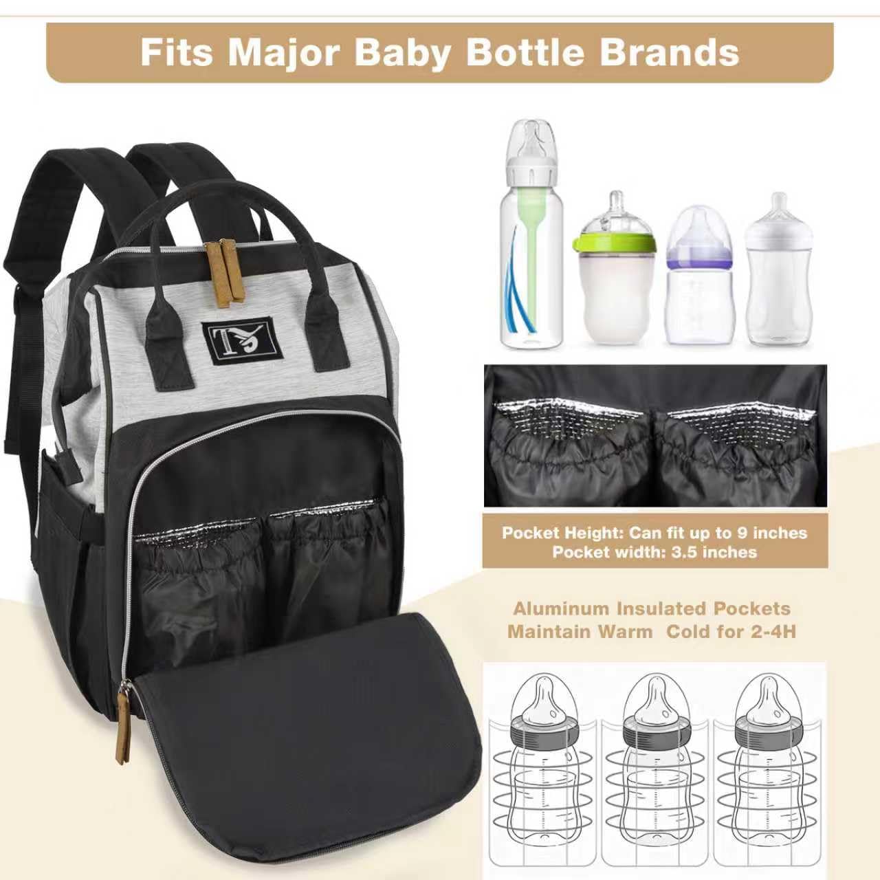 Packino Diaper Bag Backpack for Women - Multifunction Travel Essentials Baby Diaper Bag with Changing Pad, Large Backpack Baby Girl Boy, Insulated Bottle Holders & Stroller Straps (Black+Gray)