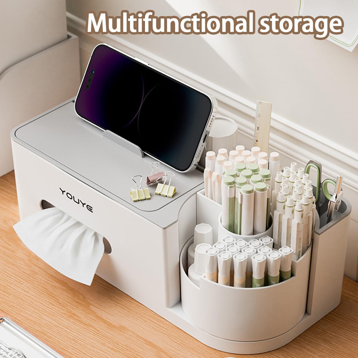 Aiabaleaft Multifunctional Organizer Rotating Brush Holder Makeup Organizer With Tissue Box for Study Table Living Room Dressers Home Office (White)