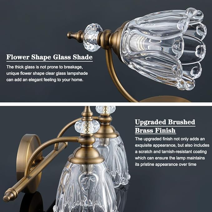 Brass Vanity Light, Farmhouse Brushed Gold Bathroom Light Fixtures, 2 Light Bathroom Vanity Lights, Flower Glass Shade Wall Sconce Lighting