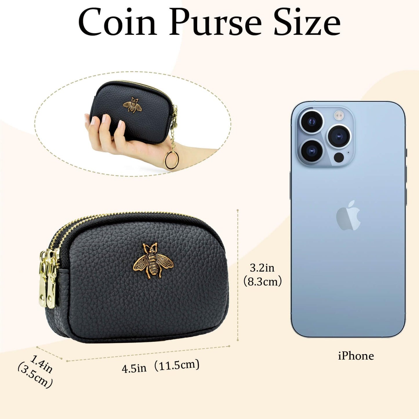 WOZEAH Leather Coin Purse for Women Small 2 Zipper Change Wallet with Key Ring Card Key Coin Cash Holder Pouch(Black)