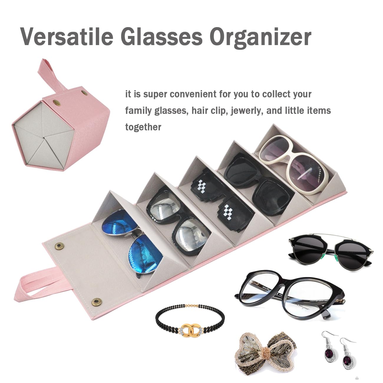 Kenpal Sunglasses Storage Organizer Holder Foldable Travel Case with 5 Slot Compartments for Multiple Glasses (Mosaic Pink)