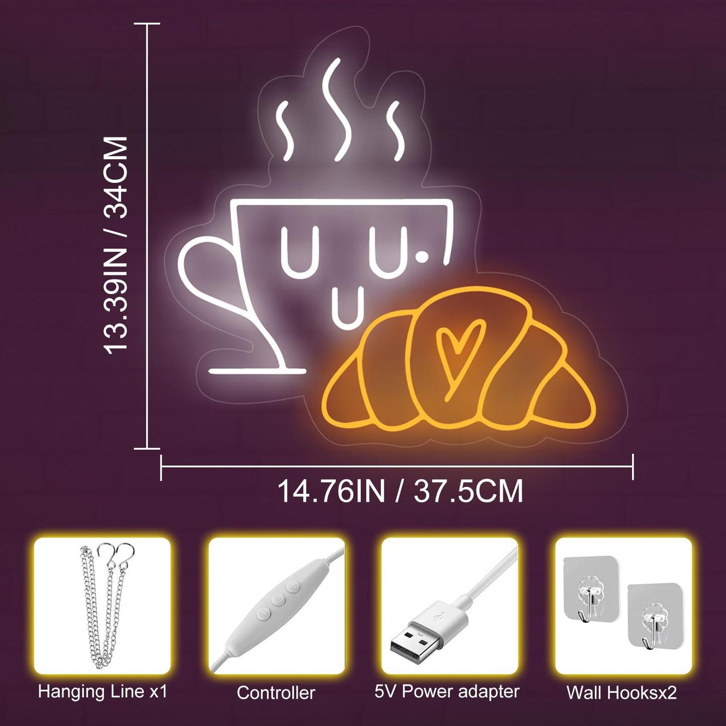 Coffee & Croissant LED Neon Sign,Bakery Shop Bakery Decoration Neon Light coffee Cup Home Bar Wall Decor Croissant Lover Gift For Family Party Bedroom Restaurant Bar Birthday