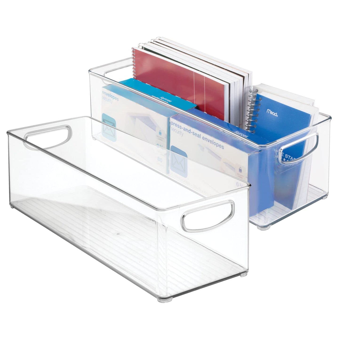 mDesign Plastic Office Supply Organizer - Storage Holder Bin with Handles for Desk Drawer, Cabinet - Pencil, Pen, Envelope and Supplies Container Basket - Ligne Collection - 2 Pack - Clear
