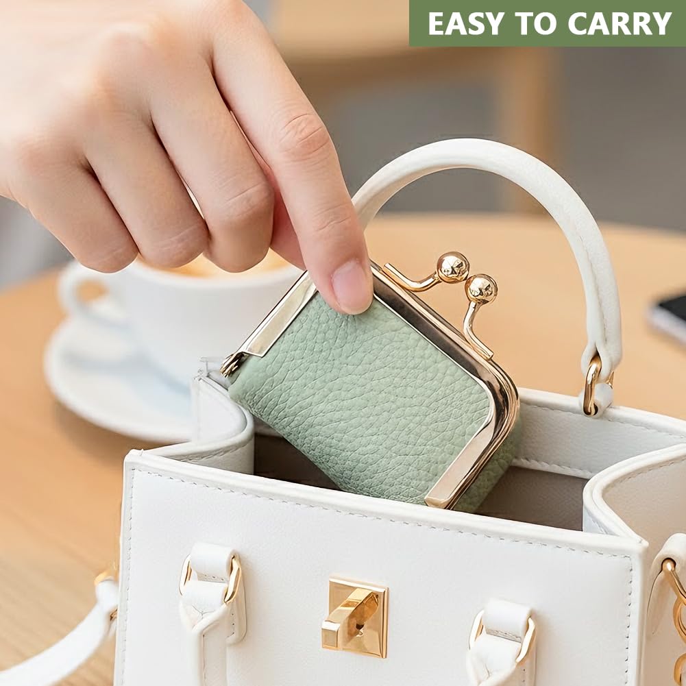 Genuine Leather Mini Jewelry Box with Kiss Lock, Portable Travel Jewelry Case Coin Purse for for Rings, Earrings, Pendants, Necklaces, Small Organizer Box for Girls Women(Green)