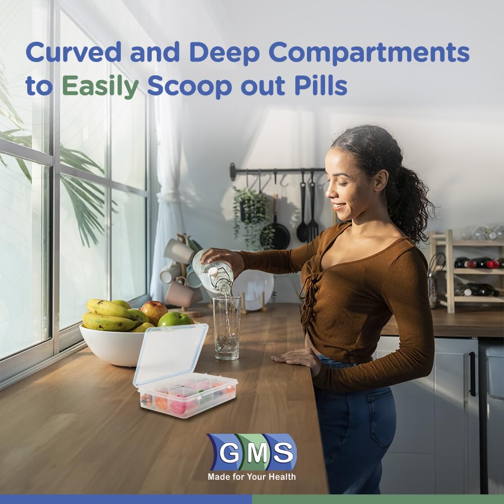 GMS 12 Compartment Vitamin Pill Organizer - Large Size Suitable for Multiple Supplements & Tablets - Safe, Secure Design with Easy Locking Lid - Medicine Cabinet Organizer & Ideal for Travel