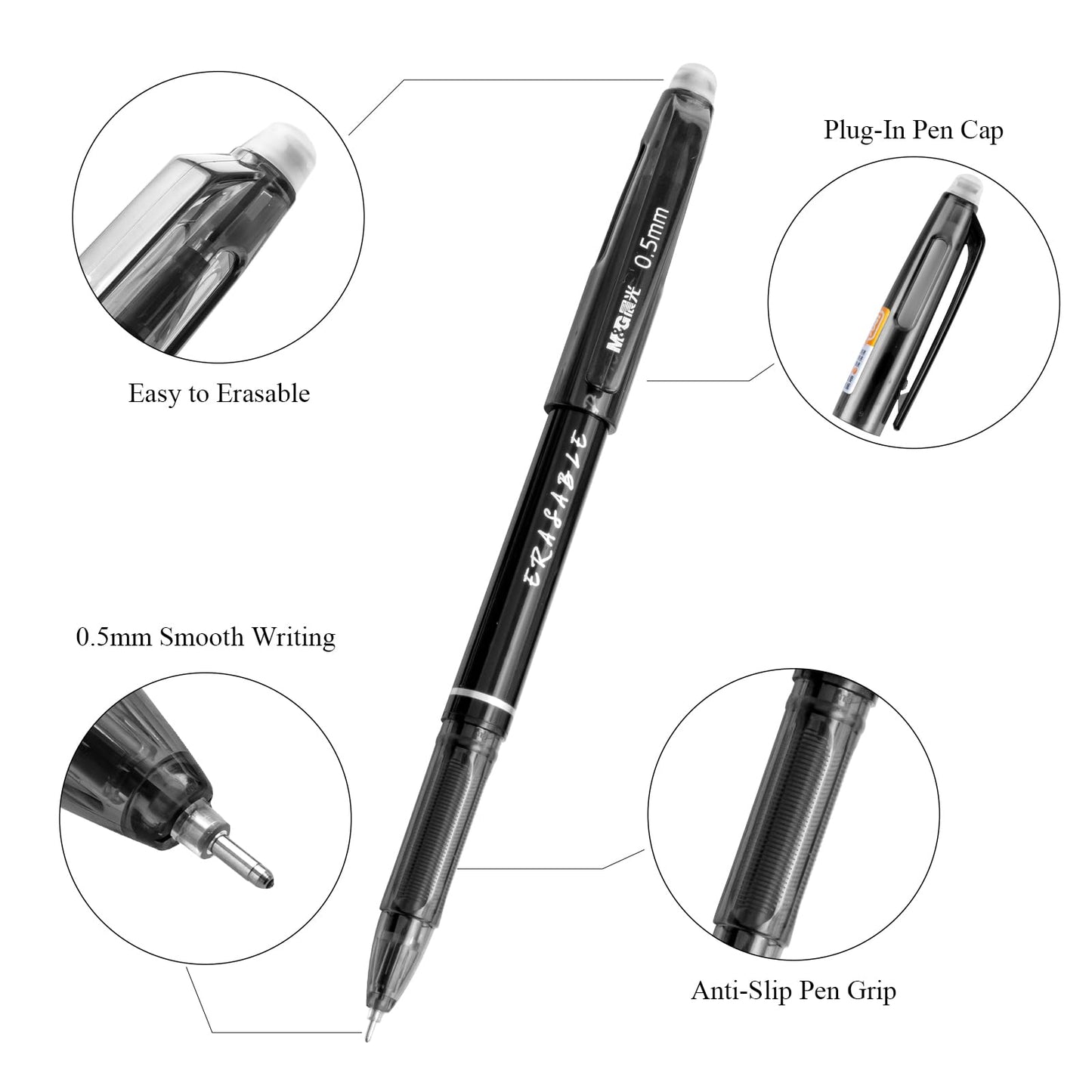 M&G Erasable Gel Pens, 12 Pcs Erasable Pen Fine Point 0.5mm, Black Erasable Gel Ink Pen with Comfort Grip and Cap, Make Mistakes Disappear for Drawing Writing Planner and Crossword Puzzles
