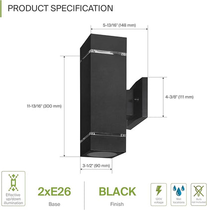 ASD 2 Light Square Outdoor Wall Light Fixture | 120W E26 Bulb Socket 120V ETL Cylinder Up Down Lights | LED/CFL/Incandescent Bulb Exterior Wall Sconce | Front Door, Porch Patio | Ringed Black