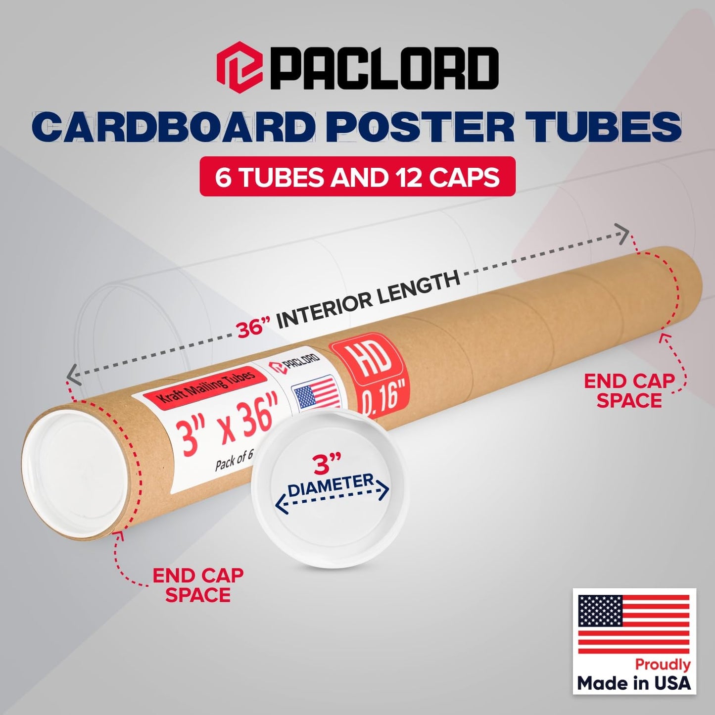 Paclord 3" x 36" Heavy-Duty Reinforced Cardboard Mailing Tube, Pack of 6 Tubes with 12 Caps – Secure USPS Approved – Great for Shipping and Storing of Prints, Artwork, Posters or Documents