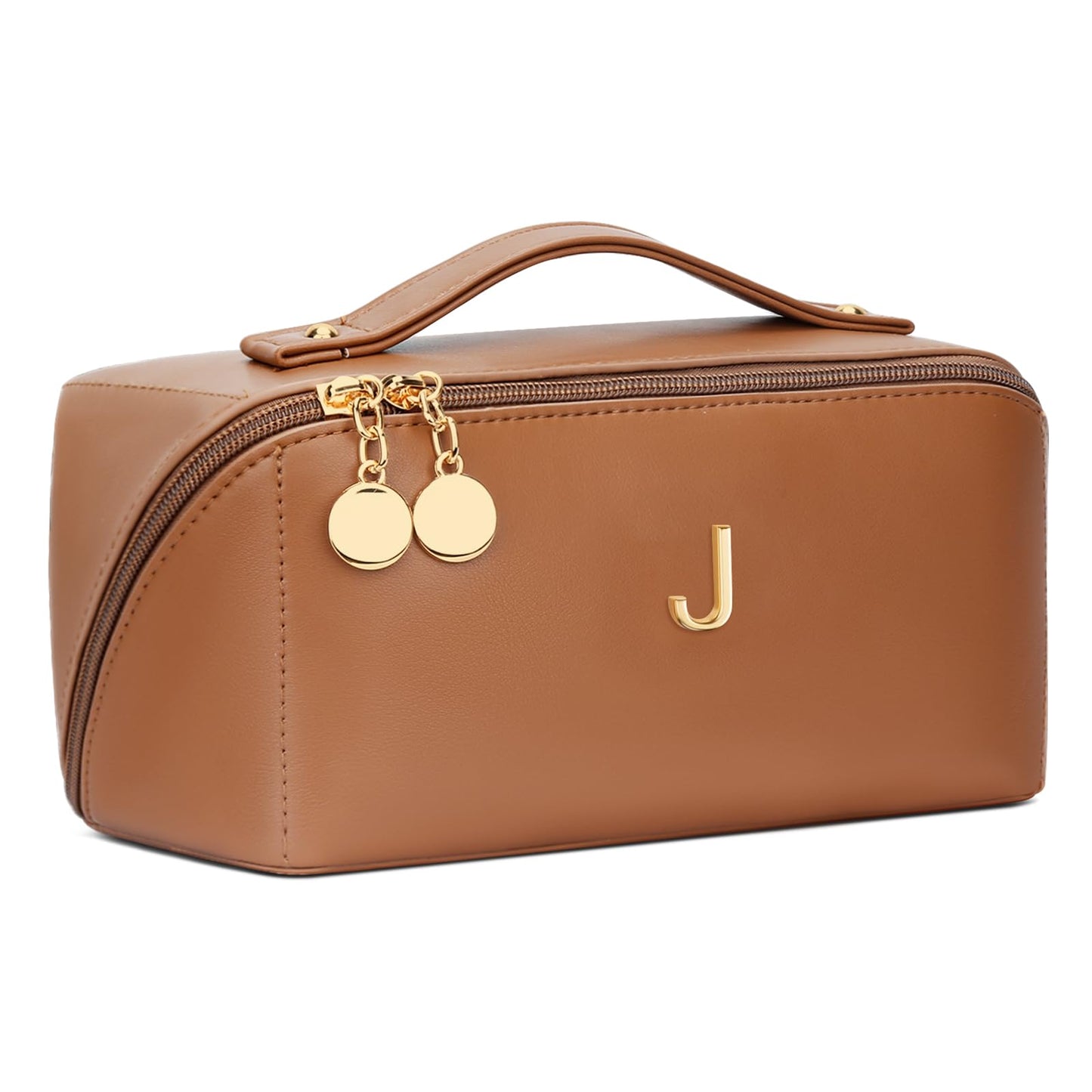 CLOUDWINGS Initial Makeup Bag Gifts for Women Bridesmaid Gifts Travel Toiletry Personalized PU Leather Waterproof Cosmetic Bag (Large-Brown-J)