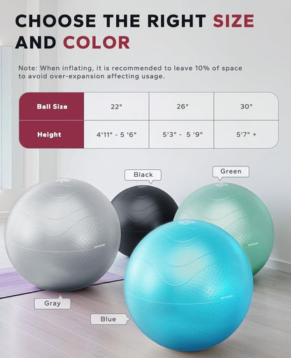 Exercise Ball - Anti-Burst Slip-Resistant Yoga/Pilates Ball for Core Training | 22''/26''/30'' Sizes, Includes Quick Pump & 3 Resistance Bands