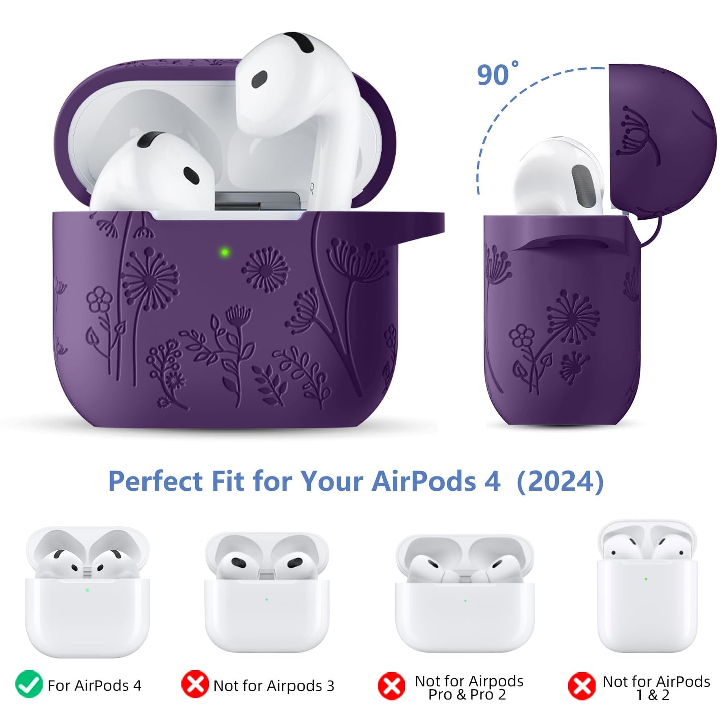 Lerobo for Airpods 4 Case Cover with Cleaner Kit, Stylish Flower Engraved Silicone Shockproof Case Cover with Keychain Compatible with Apple Airpods 4 Case 2024,Front LED Visible, Purple