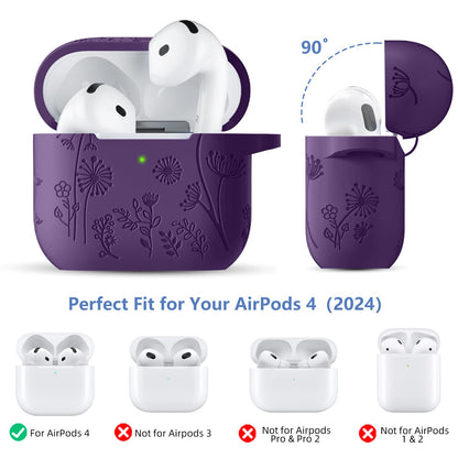 Lerobo for Airpods 4 Case Cover with Cleaner Kit, Stylish Flower Engraved Silicone Shockproof Case Cover with Keychain Compatible with Apple Airpods 4 Case 2024,Front LED Visible, Purple
