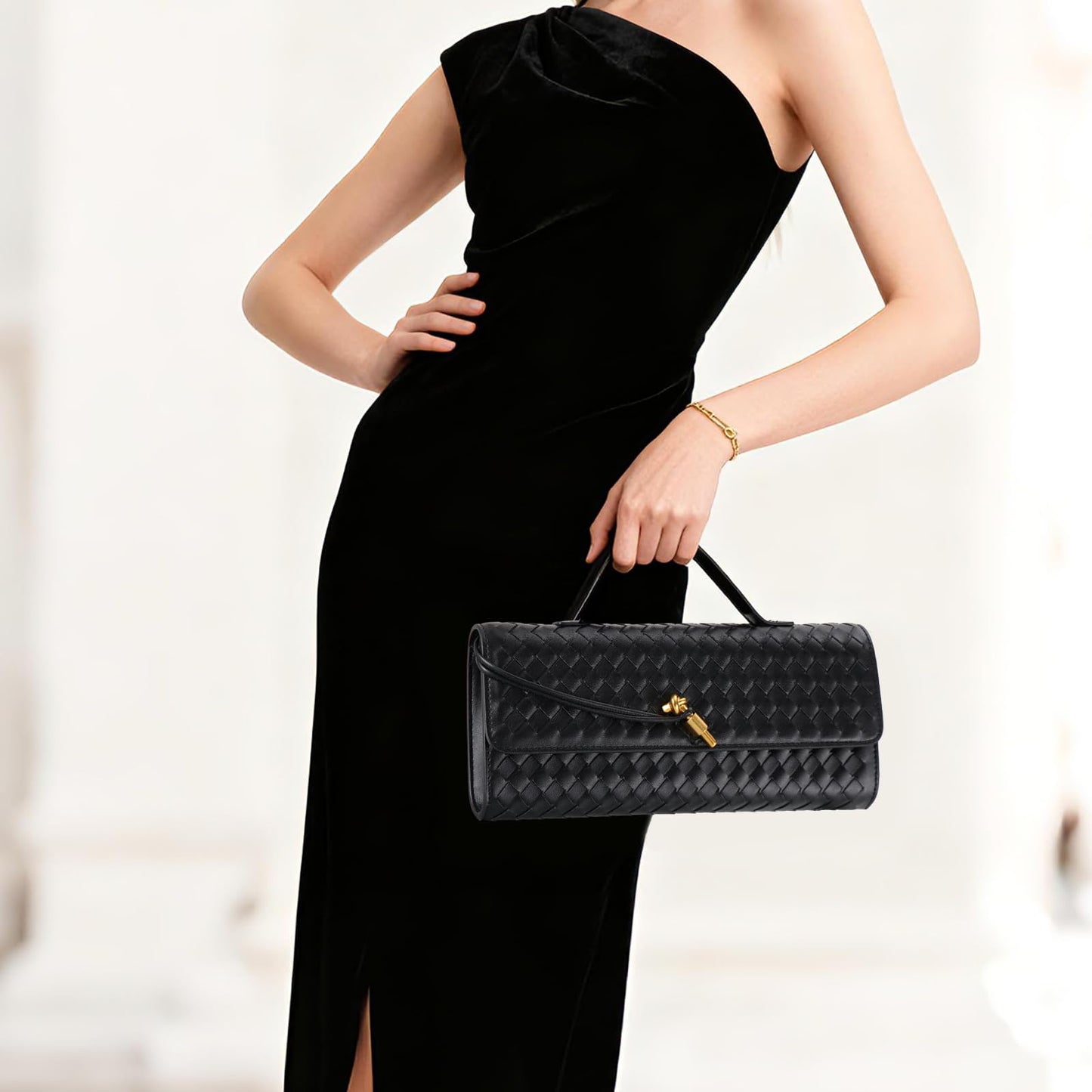 TYJONX Pu Leather Woven Purse For Women,Evening Clutch Purses for Women,Woven Bag with Metal Turn Lock for Party,Wedding