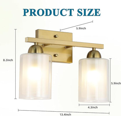 Stainless Steel Bathroom Vanity Light Over Mirror, 2 Light Brushed Gold Bathroom Light Fixtures with Milk Glass and Clear Glass Shades, Modern Vanity Lighting Wall Mount