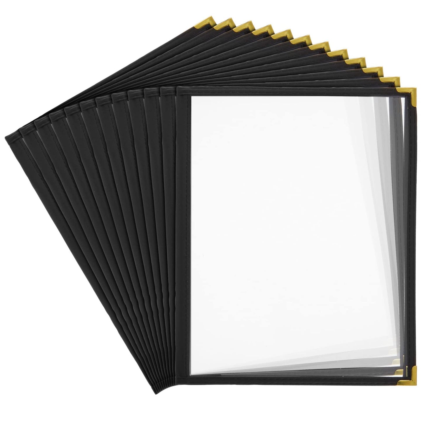 Juvale Clear Menu Covers 8x11 in 4 View - 12-Pack, Letter Size Black PU Leather - Double Panel Clear Sleeves & Gold Metal Corners - Menu Holders for Restaurants & Bars