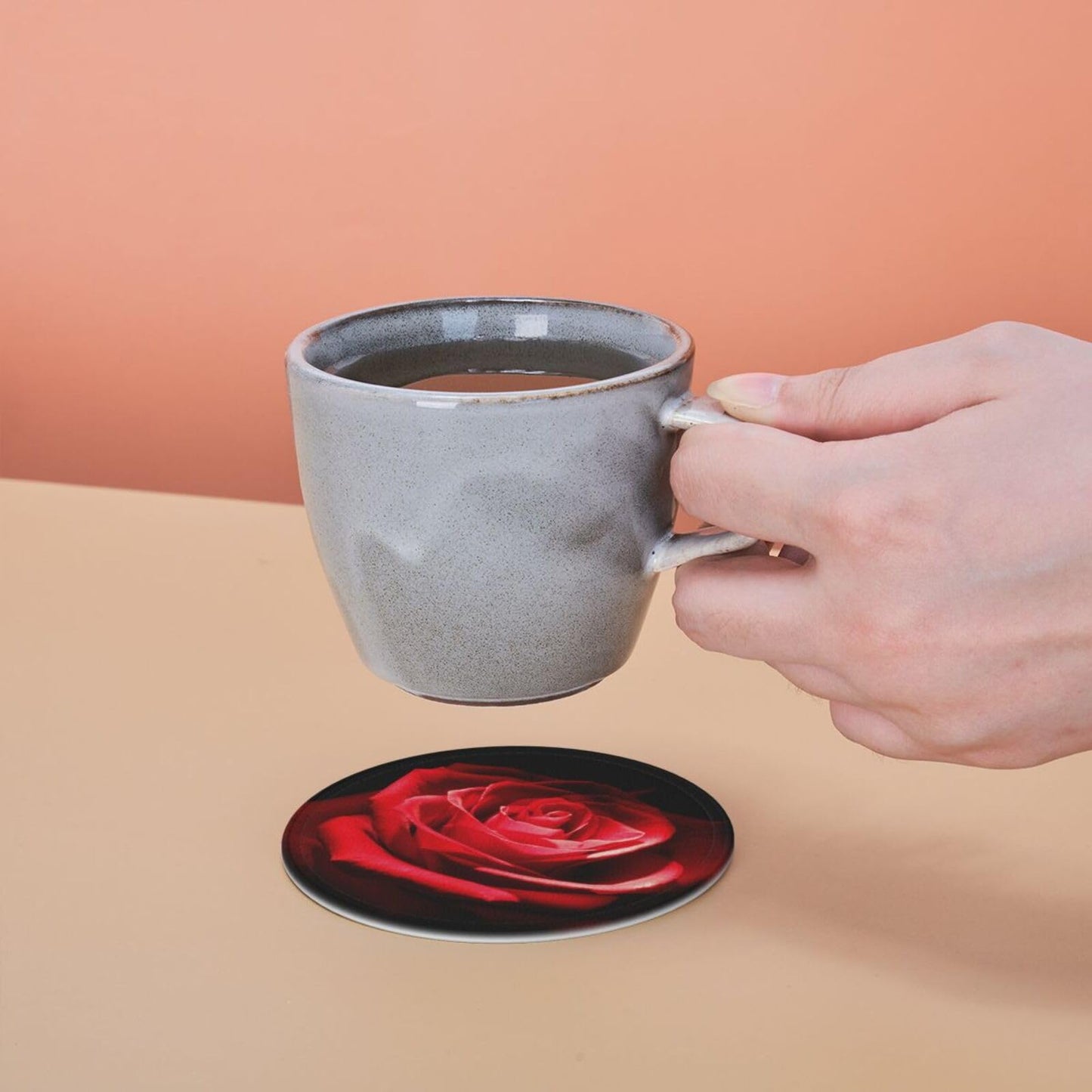 Stylish Red Rose Flower Coasters For Drinks Round Leather Coaster With Holder Set Of 6 For Tabletop Protection Desk Accessories Office Home Room Decor