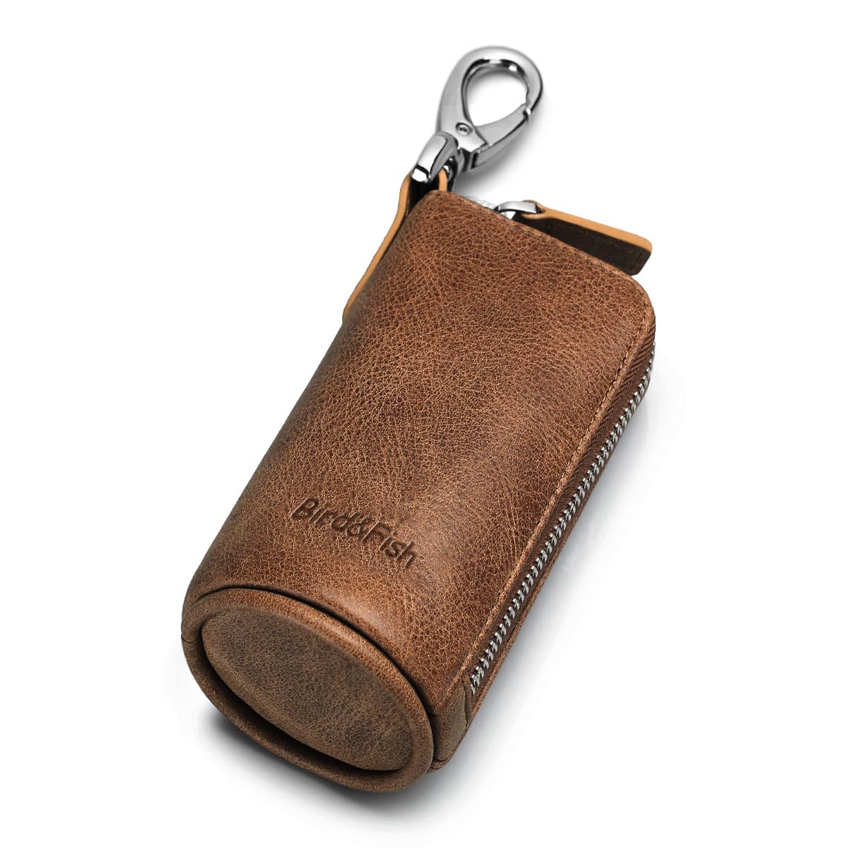 Bird&Fish Keychain Wallet for Women and Men, Genuine Leather Coin Purse with Key Ring, Multi Soft iris wallet, Small Zipper Change Pouch, Mini Key Pouch for Car Keys Accessory(Chestnut Brown)