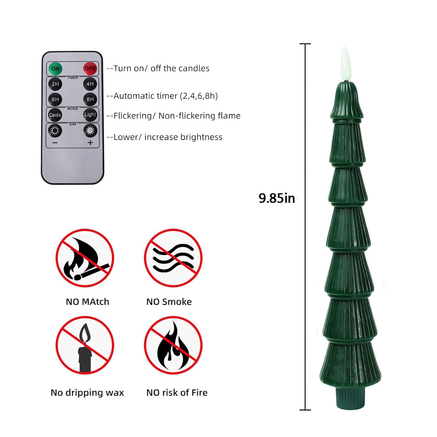 LiuSuper 4 Pack Christmas Tree LED Candles with Remote, Real Wax Flameless Taper Candles with 3D Flickering Flame, Lights Xmas Candlesticks for Christmas Home Party Decor (4 Pack Tower-Shaped)