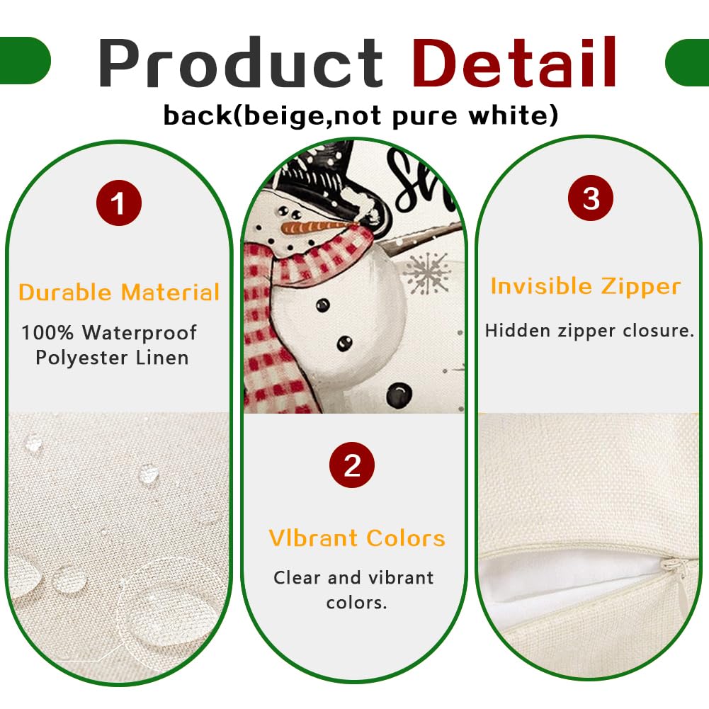 RABUSOFA Christmas Pillow Covers 18x18 Inch Set of 4 Indoor Outdoor Waterproof Snowman Reindeer Gloves Eucalyptus Winter Holiday Stripes Cushion Case Christmas Decoration for Couch Red