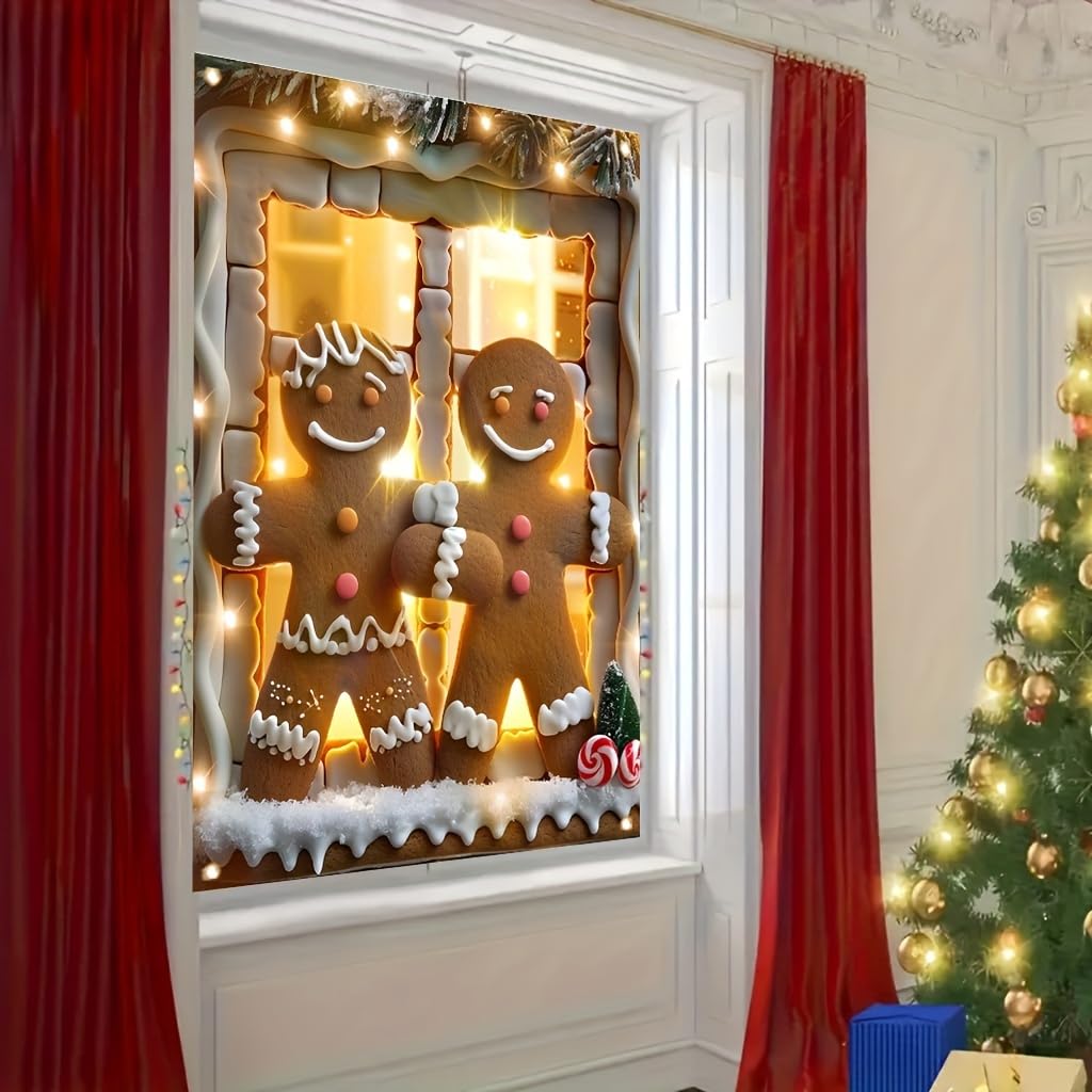 Tomhong Gingerbread Couple Christmas Window Banner 31x47 Inch Holiday Decoration Snowy Scene with Garland for Indoor Outdoor Home Wall or Window Display Cozy Christmas Decor
