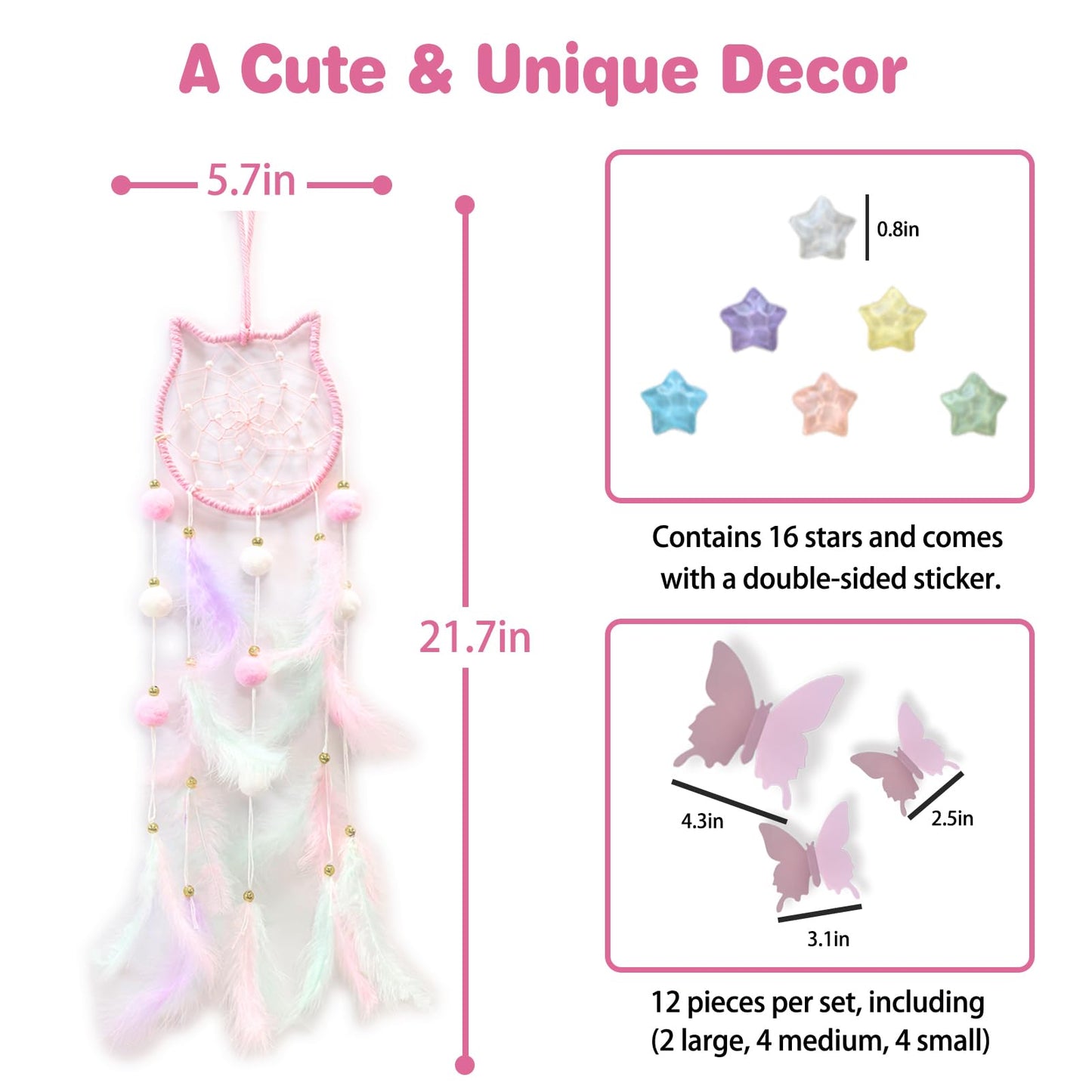 Fun-Plus Pink Dream Catcher Wall Hanging Set - 10 Butterflies & 16 Stars, Boho Room Decor for Girls, Easy Peel & Stick Wall Art for Bedroom, Nursery, Teen Room for Daughter, Birthday, Christmas