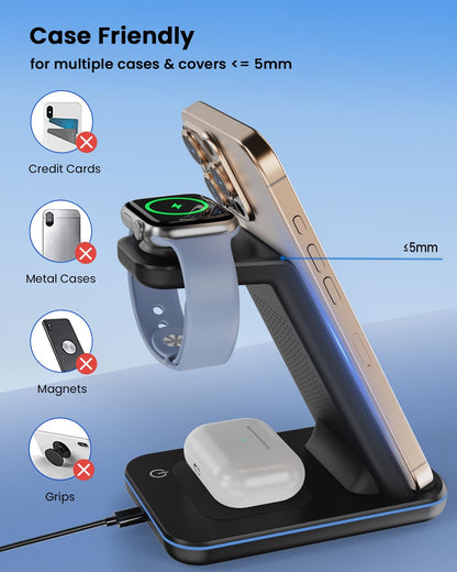 Wireless Charging Station for Apple - 3 in 1 Wireless Charger Stand Dock Watch and Phone Charger Station for Apple Watch 11/8/7/SE/6/5/4/3/2, iPhone 17 16-12 Pro Max SE XS X, Samsung, AirPods Pro/3/2