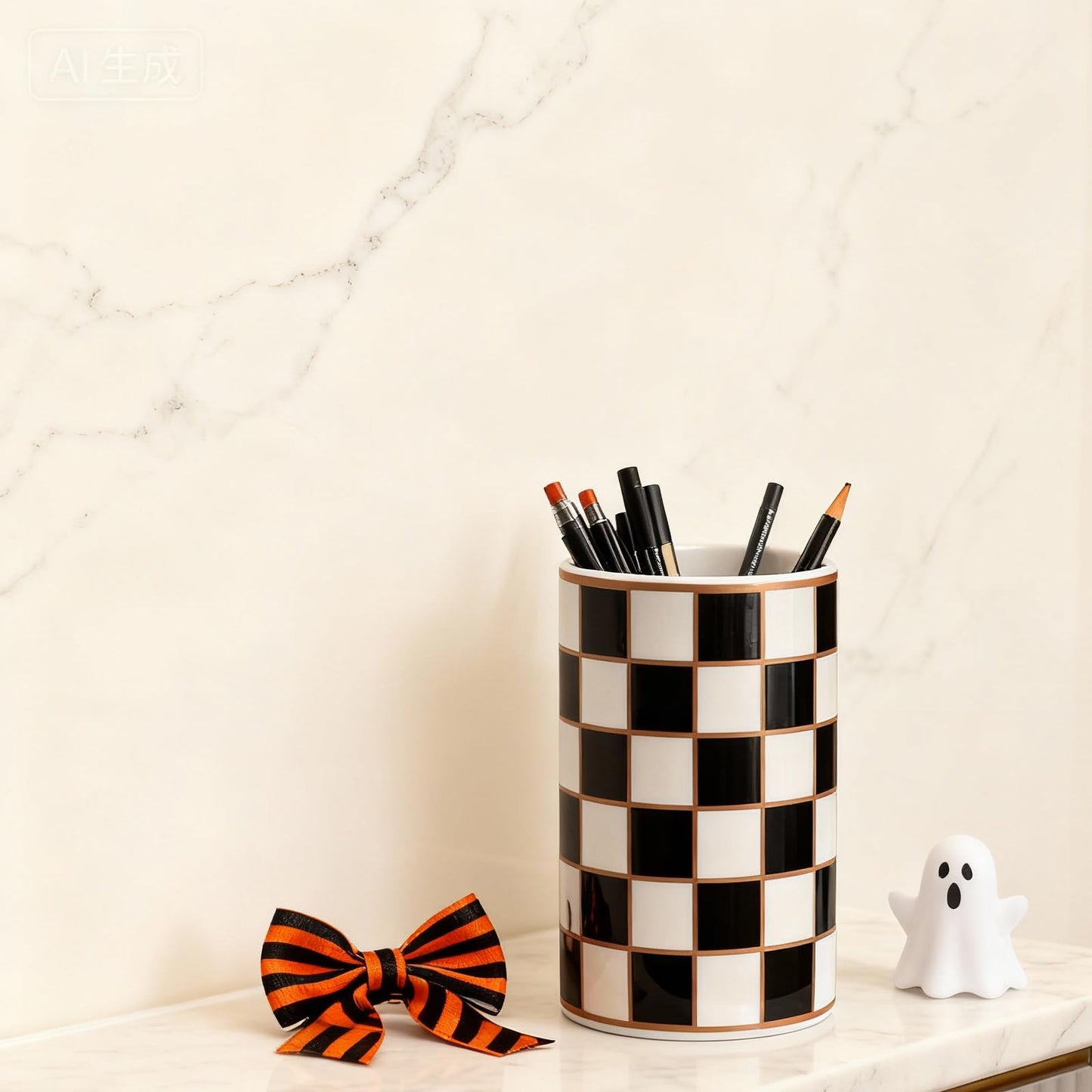 XYQXYQ Ceramic Checkered Pen Holder For Desk,Cute Stand Black And White Pencil Cup,Durable Ceramic Pencil Cup, Decorative Makeup Brush Holder Cup, Stationery Holder for Office, School, Home (Black)