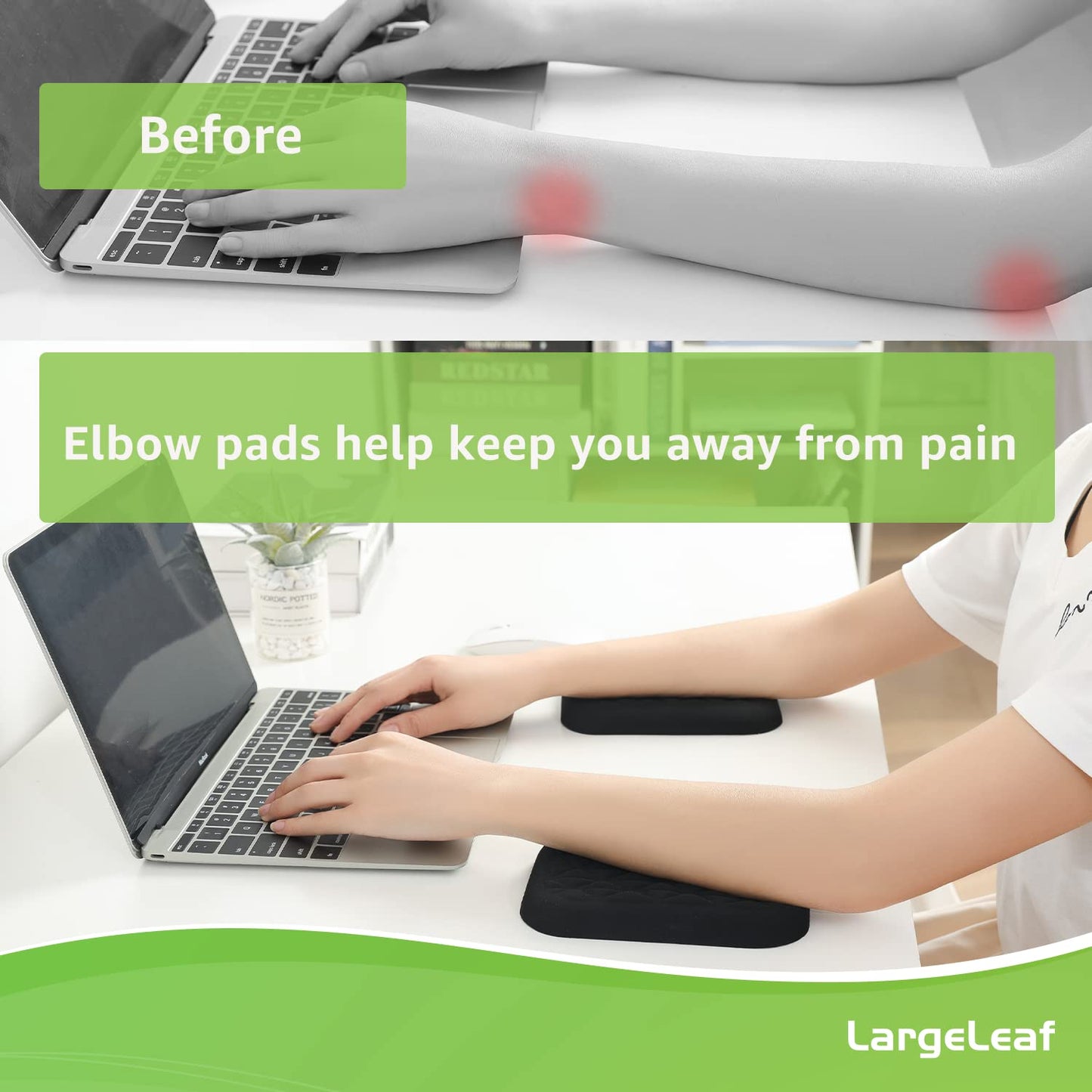 LargeLeaf Ergonomic Wrist & Elbow Rest Pad for Desk with Memory Foam & Non-Slip Base, Relieve Elbow Pain Armrest Wrist Support(6.3 * 4.3 inch, Black, 2pcs)