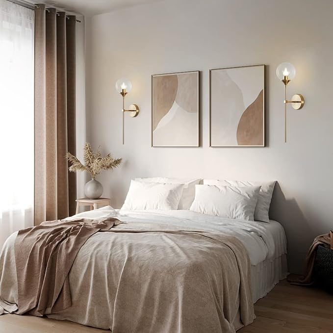 BOKT Clear Bubble Glass Globe Wall Mounted Sconce Light Set of 2 Modern Brass Gold Long Pole Wall Sconce Lighting Set of Two Mid Century Vintage Bathroom Mirror Wall Lamp (Clear)