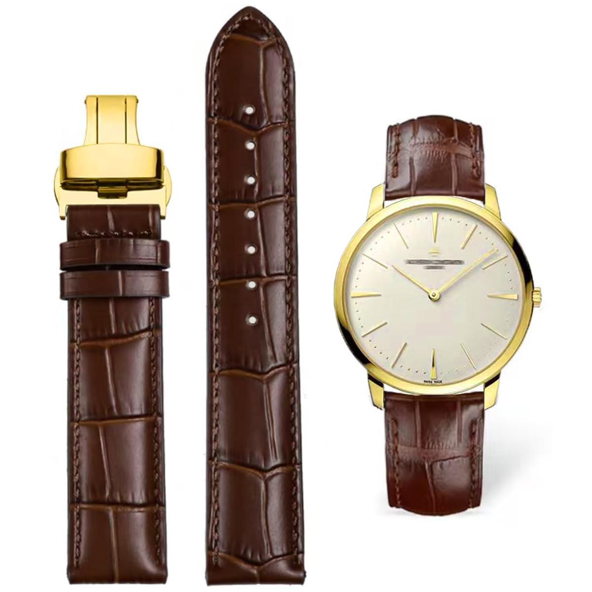 HEYOZURY Watch Bands Genuine Leather Embossed Alligator Grain Calfskin Deployment Buckle Replacement Strap for Women Men Bracelet Men's and Women's Watch Straps 14mm to 24mm