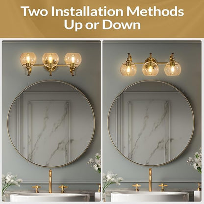 ANDY STAR Gold Bathroom Light Fixtures, Antique Brass Vanity Light, 3 Lights Wall Light with Globe Clear Lampshade, Vintage Wall Sconce with Metal Lamp Body for Bedroom, Living Room, Hallway