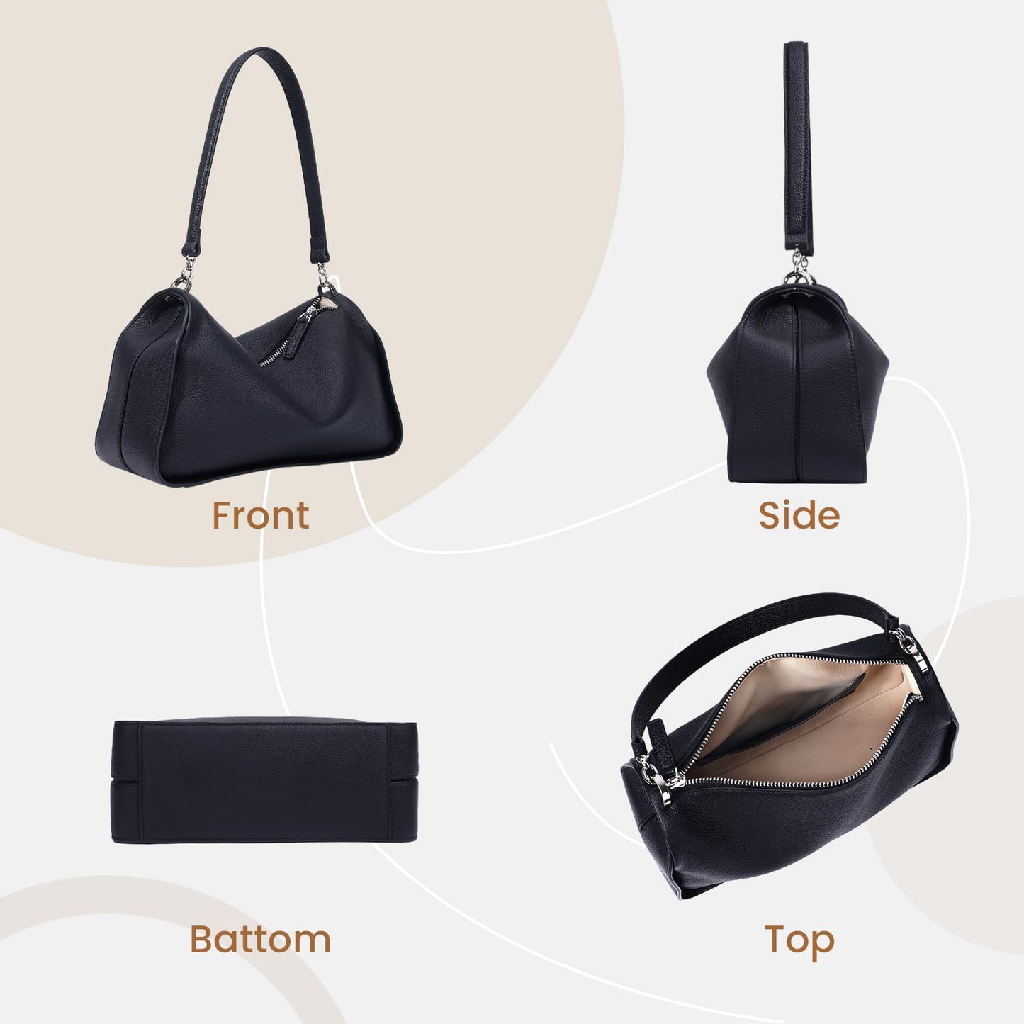 Rosvovo Genuine Leather Purses for Women, Real Leather Women's Crossbody Bag Shoulder bag Handbags Hoho bag with Adjustable Strap, balck,