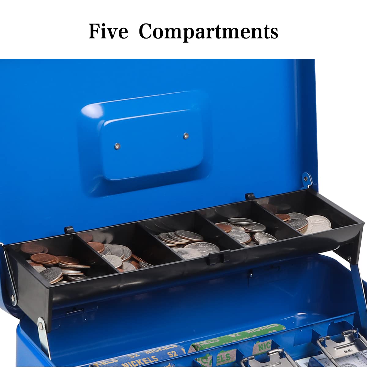 Parrency Cash Box with Key Lock，Durable Metal Cash Box with Money Tray，Lock Box Safe Storage Security Locker，Blue