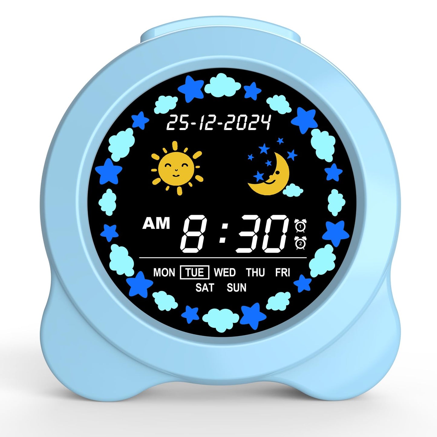 Kids Alarm Clock, Sun & Moon LED Display with Day & Date, Children's Sleep Trainer with Night Light & Sleep Sounds, Cute Wake Up Clock for Kids Bedroom, Easy to Use Birthday Gift for Boy and Girls