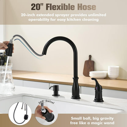 APPASO 3 Hole Kitchen Faucet with Pull Down Sprayer, Kitchen Faucets with Soap Dispenser, 3 Pieces Kitchen Sink Faucet with Separate Handle, Matte Black Kitchen Faucet 3 Hole, 218MB
