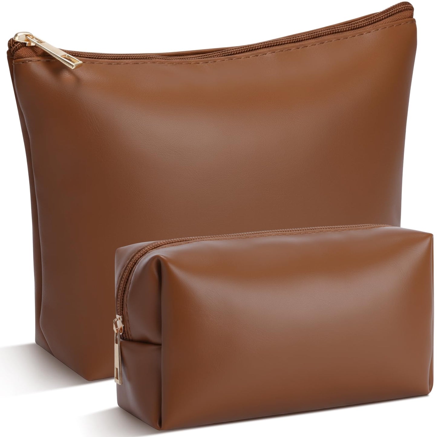 Kigeli 2 Pcs PU Leather Makeup Bag Set for Women Waterproof Aesthetic Cosmetic Bag Large & Small Travel Toiletry Organizer Pouch Skincare Organizer Bridesmaid Mother's Day Birthday Gift(Brown)