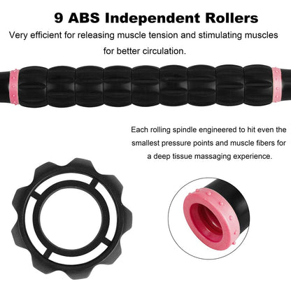 YANSYI Professional 9-Roller Deep Tissue Massage Stick - Portable Muscle Recovery Roller for Athletes, Relieves Post-Workout Soreness & Leg/Back Pain - Portable Physio Tool (Pink)