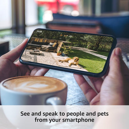 Blink Outdoor 4 – Wireless smart security camera, two-year battery life, 1080p HD day and infrared night live view, two-way talk. Sync Module Core included – 5 camera system