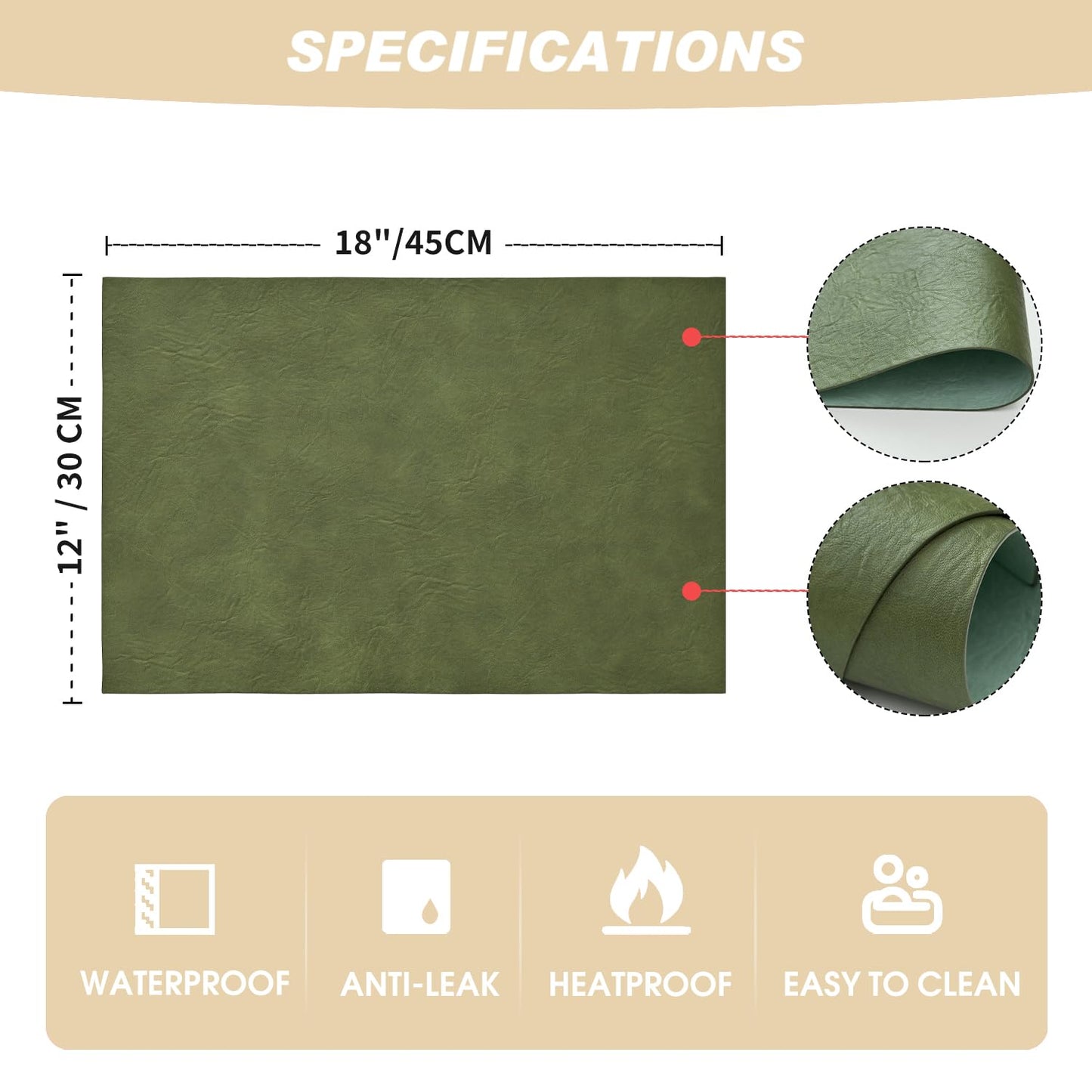 Artoid Mode Olive Green Faux Leather Placemats Set of 6, 12x18 Inch Waterproof Wipeable Heat Resistant Vinyl Place Mats, Reversible Table Mats for Kitchen Dining Decor