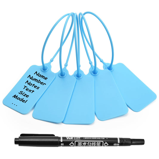 100 Blue Blank Plastic Tags for Labeling Waterproof Hanging Labels Writable Tags Seal Plastic Marking Label for Clothes Bags Keys Inventory with One Marker Pen
