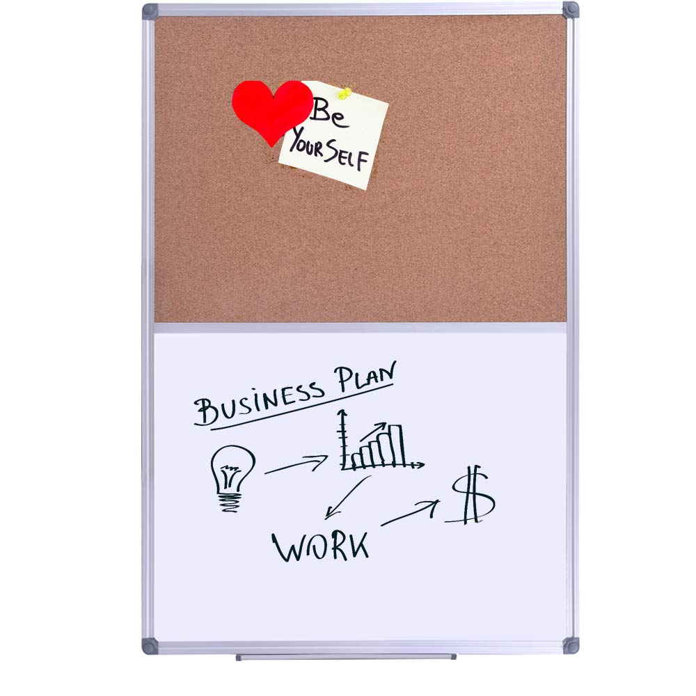 Magnetic Combination Whiteboard & Cork Bulletin Board 48 x 36 Inch - Dual Surface Vision Board for Home Office Organization, Kitchen Meal Planning & School Study - Silver Aluminum Frame