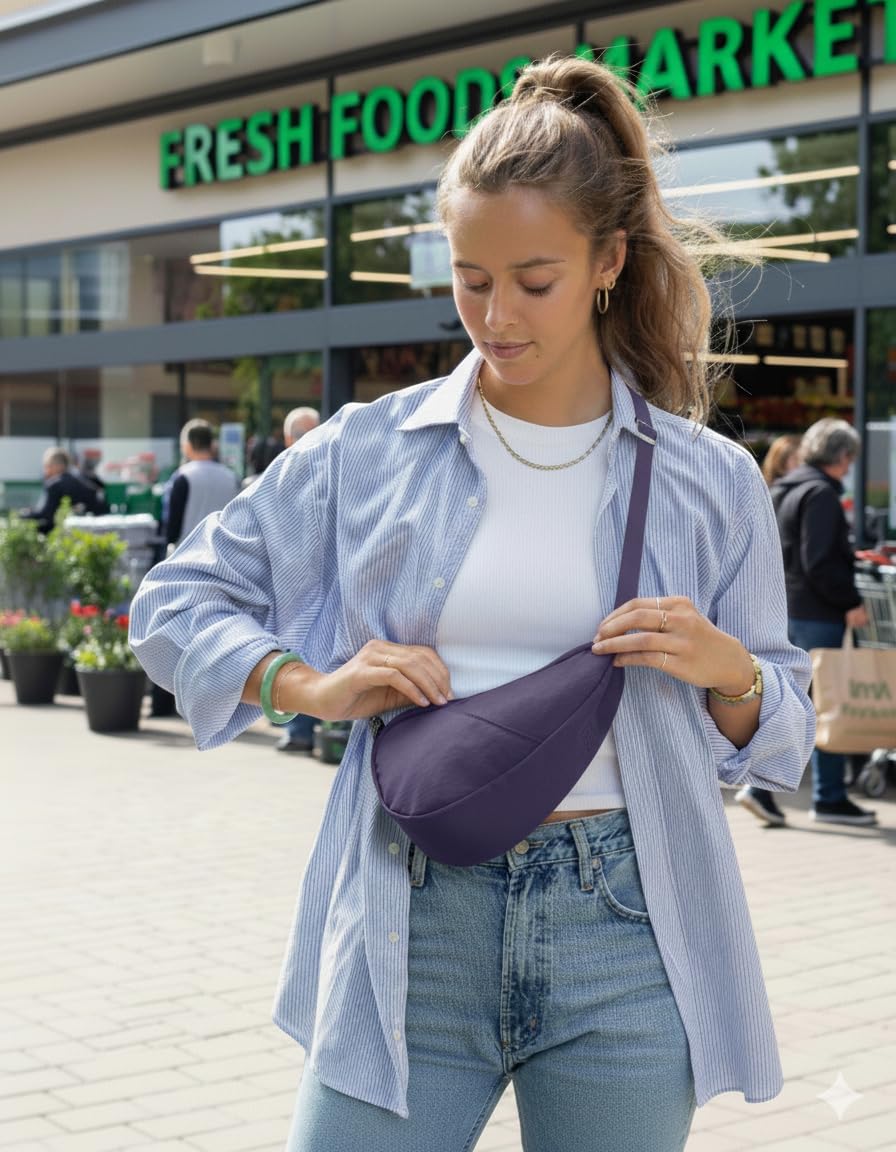 AmeriBag 10" Healthy Back Bag Nylon Ergonomic Crossbody Sling Baglett for Everyday Use, Travel & Walking Comfort (Amethyst)
