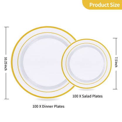 Goodluck 200PCS Gold Plastic Plates, Heavy Duty Disposable Gold Plates with 100 10.25 inch Dinner Plates and 100 7.5 inch Dessert Plates, Disposable Plates for Party, Holiday, Wedding, Thanksgiving