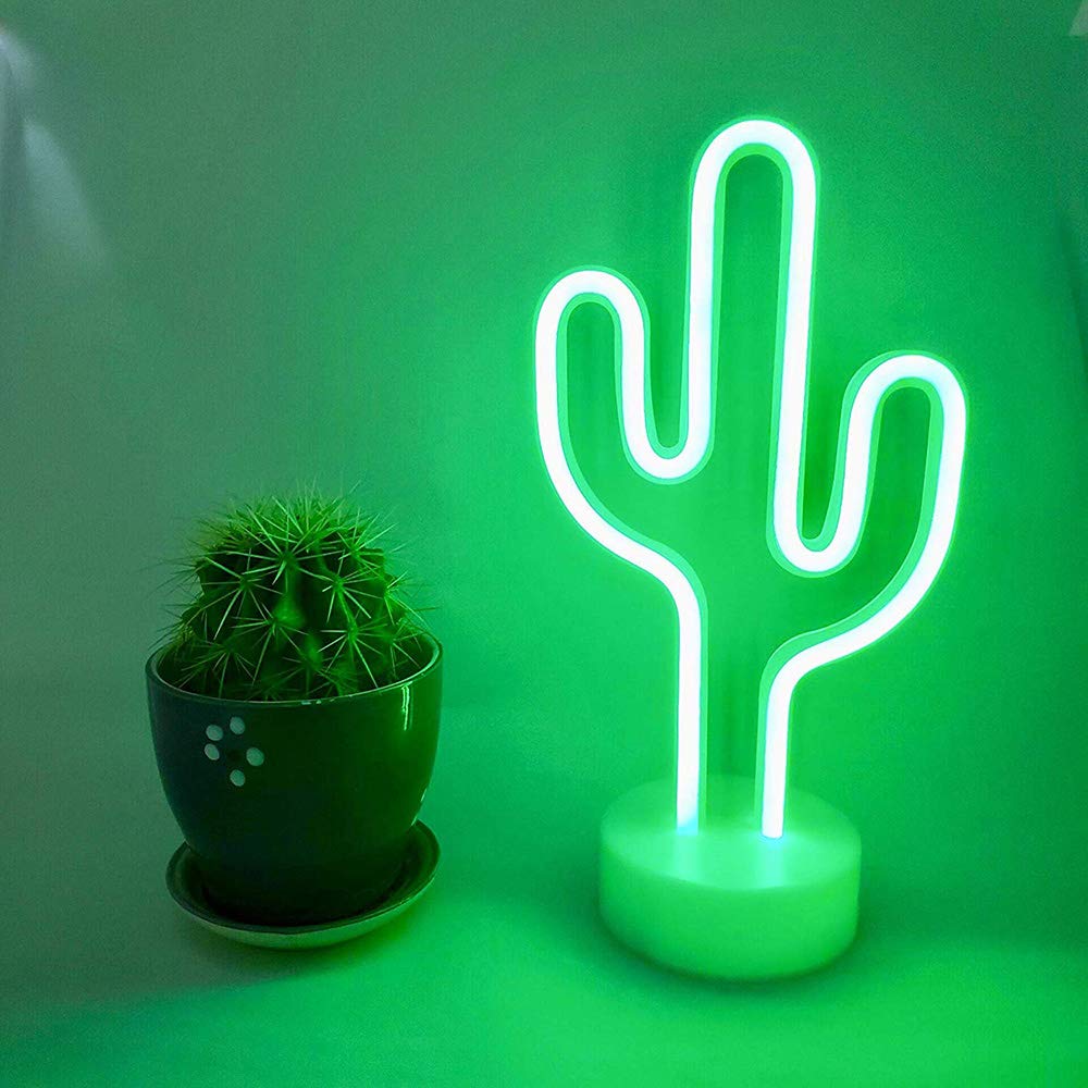 Green Cactus Neon Light Signs LED Cactus Neon Night Lights with Pedestal Room Decor Battery/USB Operation Lamps Neon Signs Light Up Children's Room Bedroom Wedding