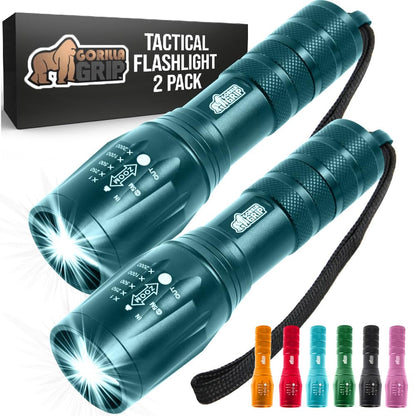 GORILLA GRIP Powerful LED Tactical Flashlight, 750 FT High Lumens 5 Adjustable Modes, Water Resistant, Ultra Bright Zoom Flashlights, Small Mini Flash Light, Camping, Night Dog Walking, 2 Pack Teal