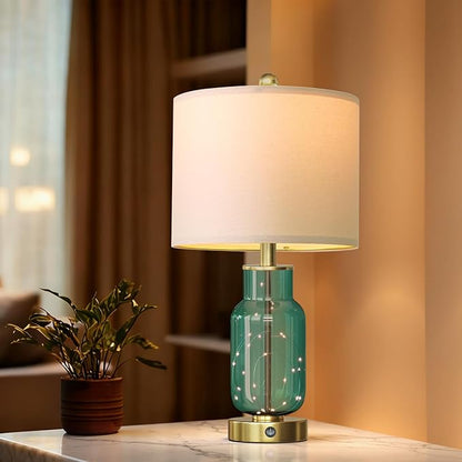Oneach 22" Glass Table Lamps Set of 2, Green Modern Bedside Lamp with LED Night Light for Living Room, Nightstand Lamp with USB Ports for Bedrooms, Study Room, End Table(2 Bulbs Included)