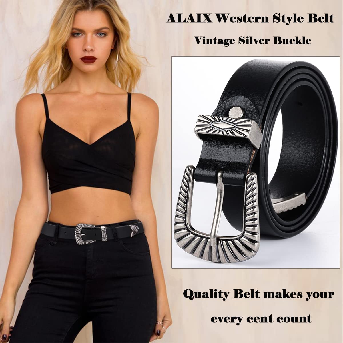 ALAIX Belts for women Women's Belts Silver Gold Buckle leather belts Black Western belts Jeans Pants belts for women